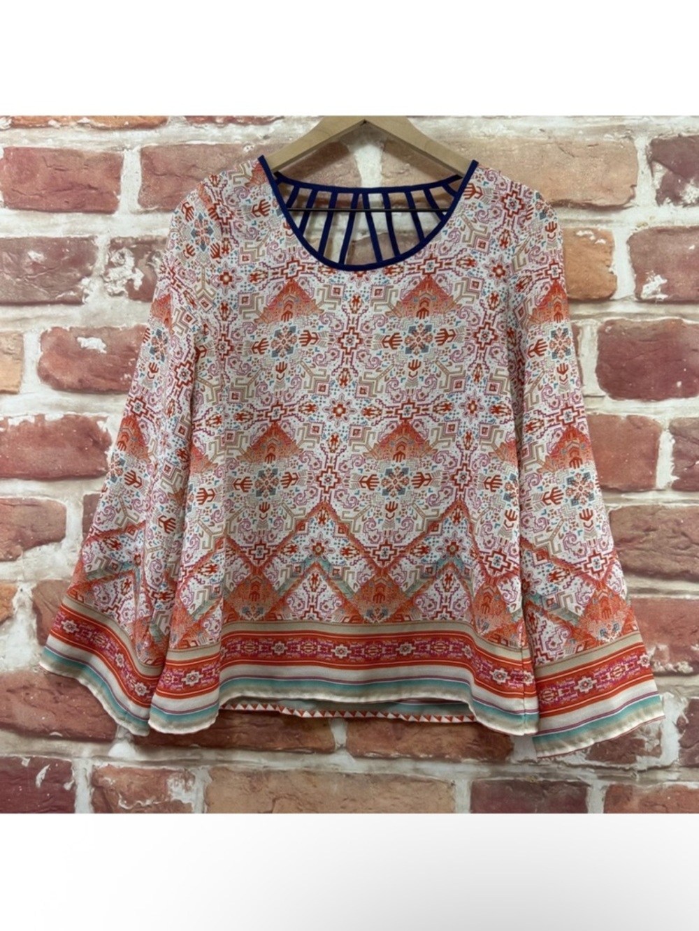 Anthropologie Blu Pepper Top Women's S Multicolor Boho Aztec Lattice Back Shirt
